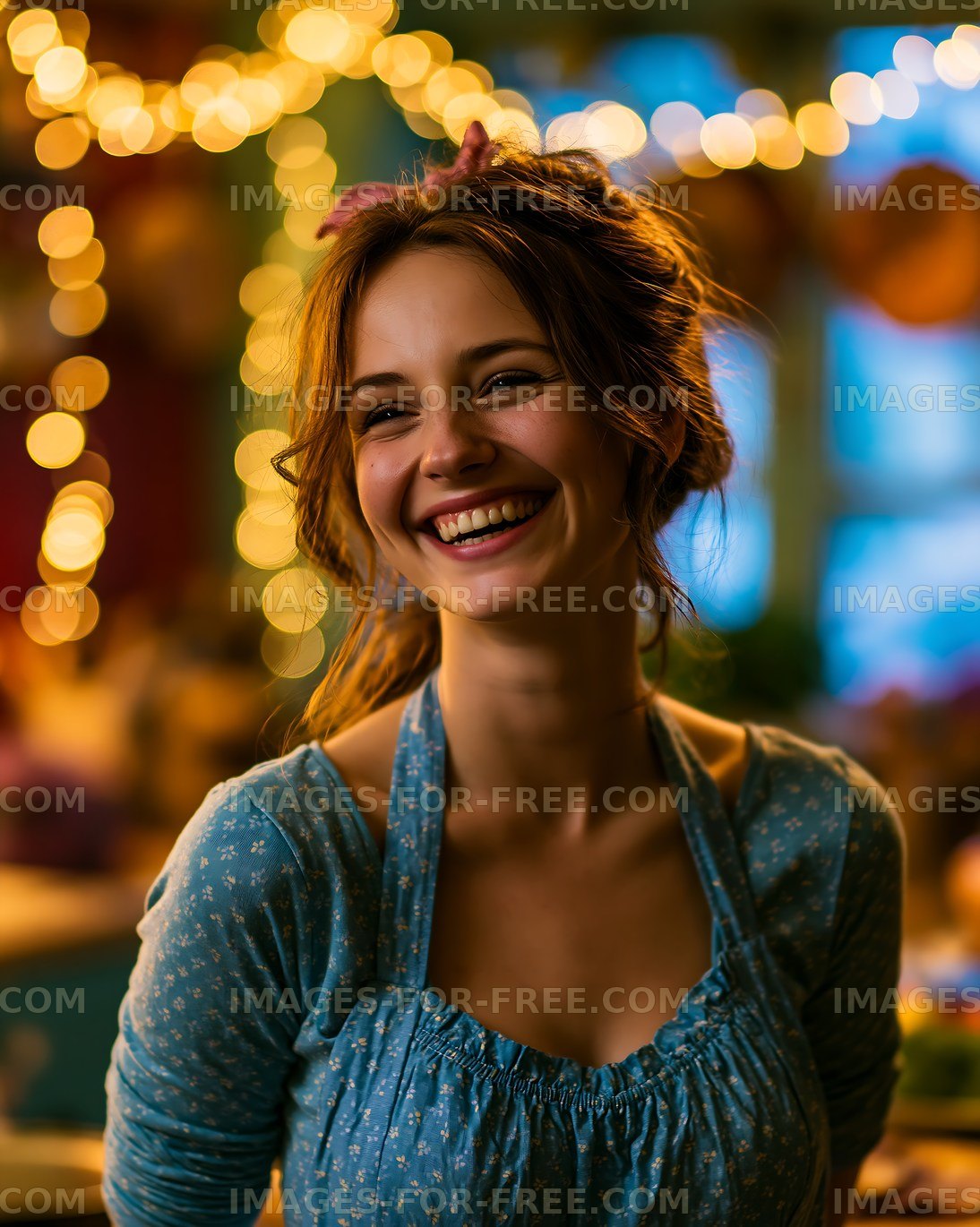 Smiling woman in a cozy kitchen with warm lights