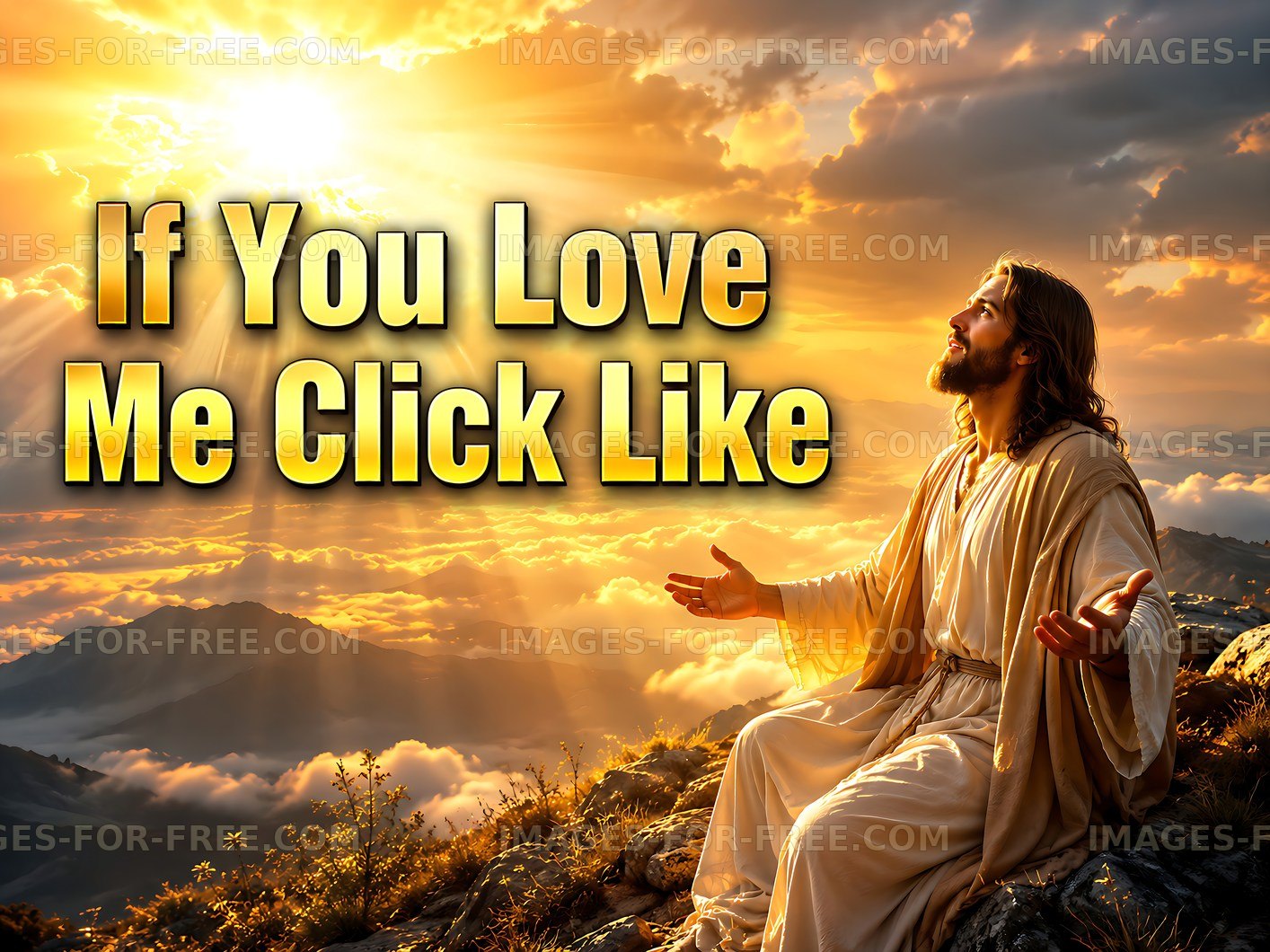 Jesus with open arms under sunlight in a mountainous landscape