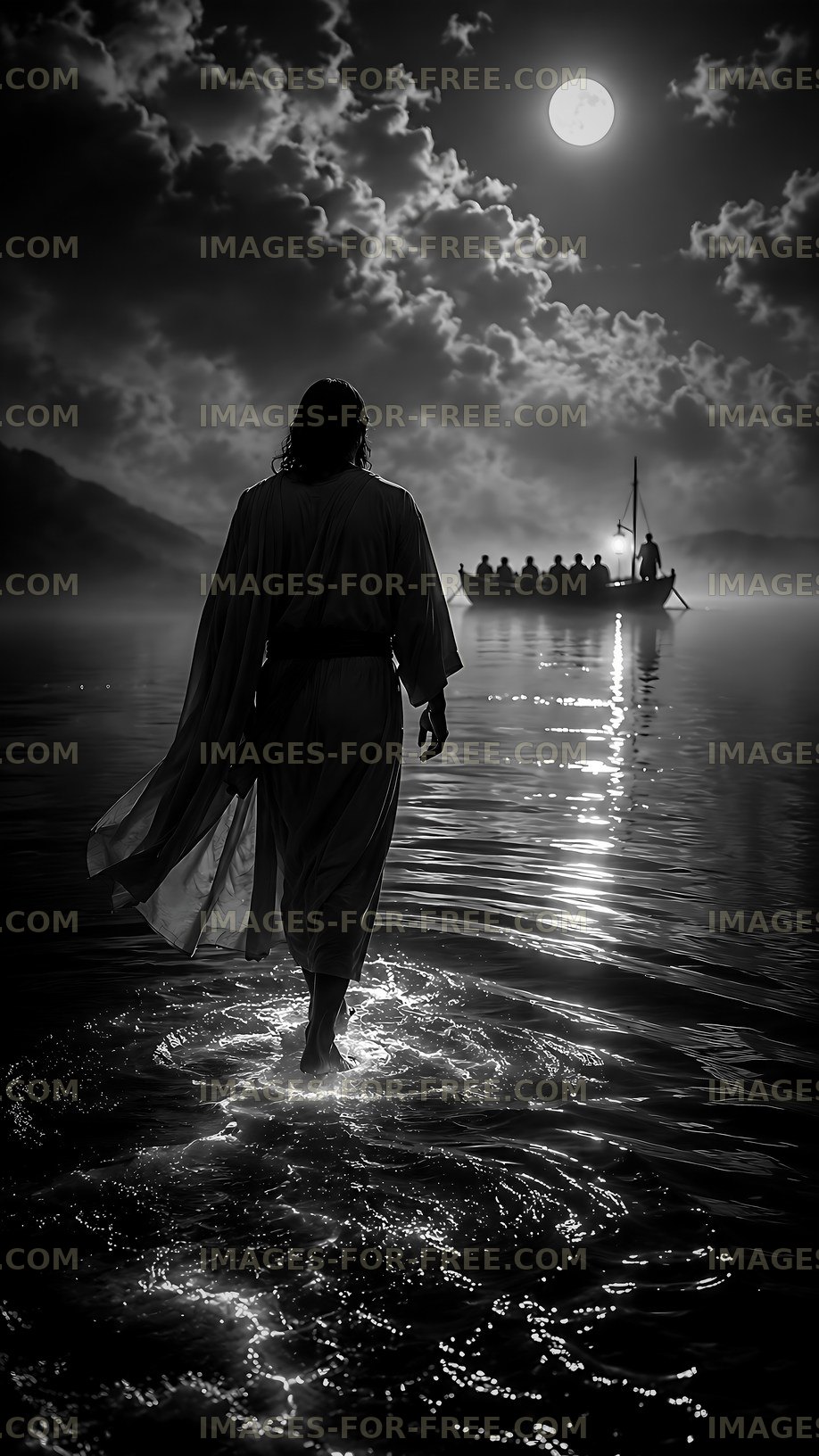 Walking on water under the moonlight with a boat in the background
