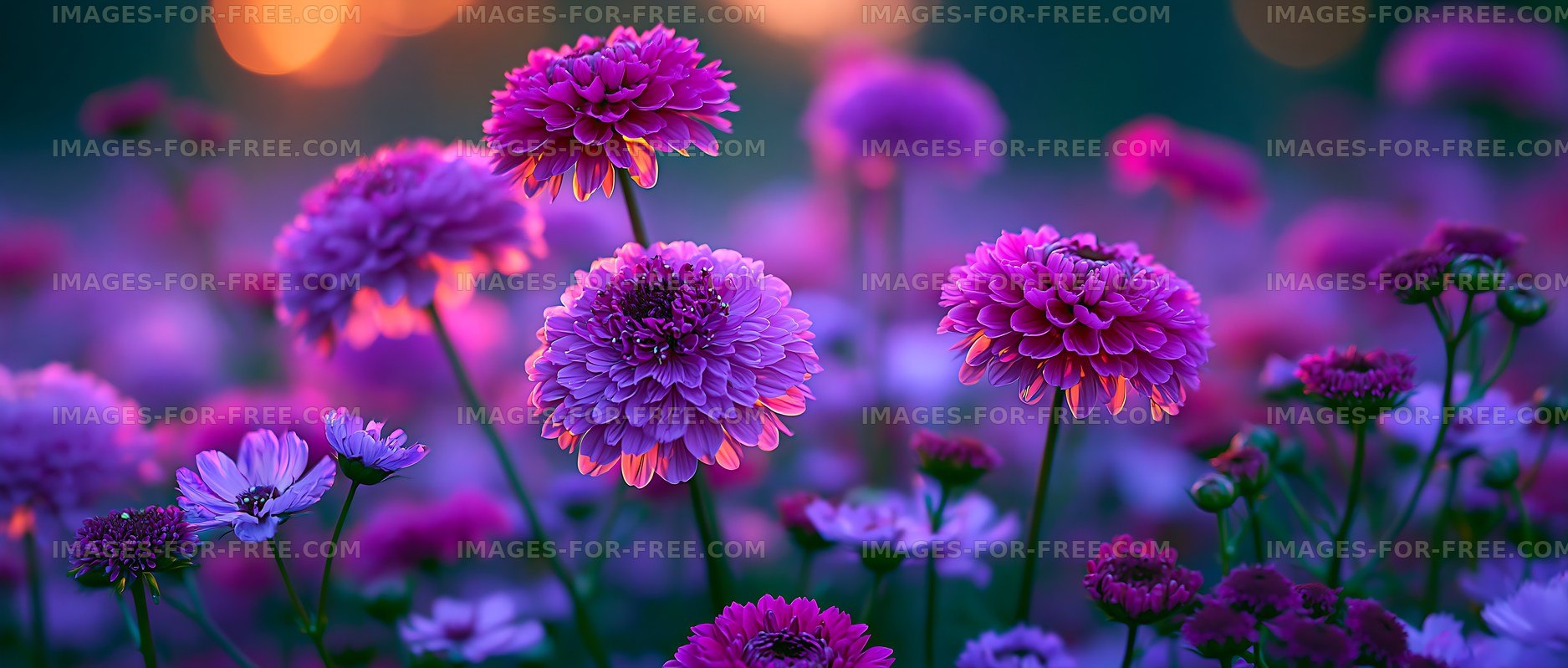 Colorful flowers in a garden at sunset