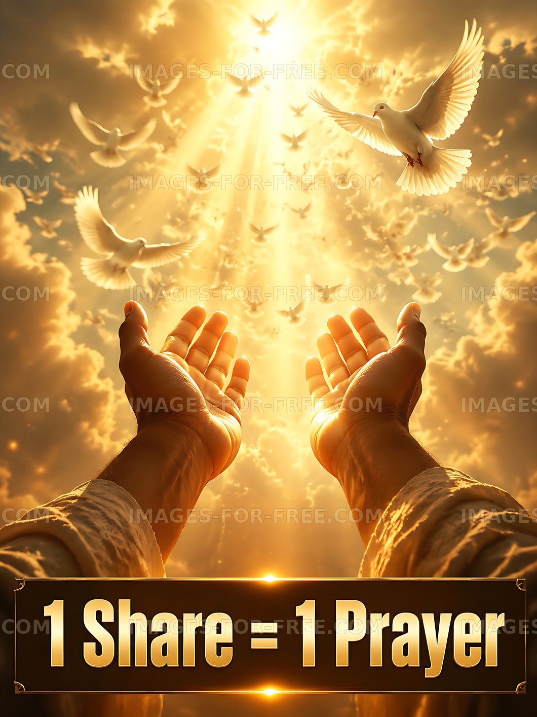 Hands raised towards doves flying amid golden light