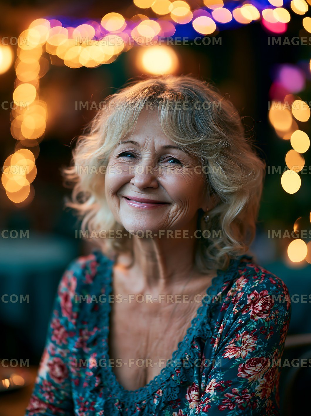 Smiling woman in a decorated setting with bokeh lights
