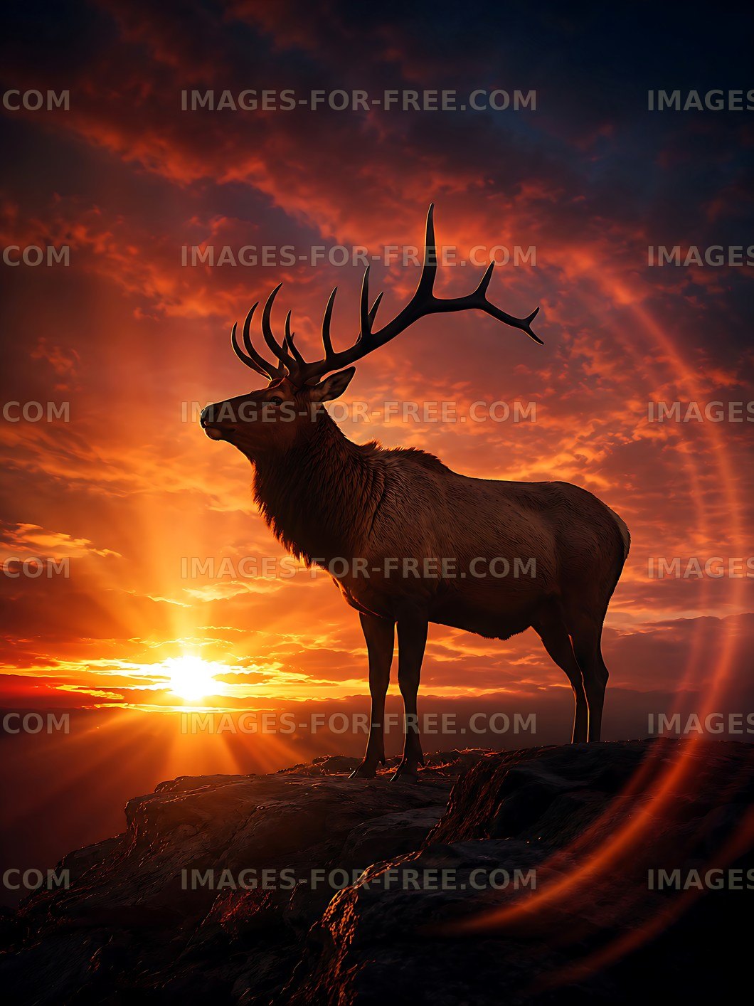 Elk standing on rock at sunset in mountainous landscape