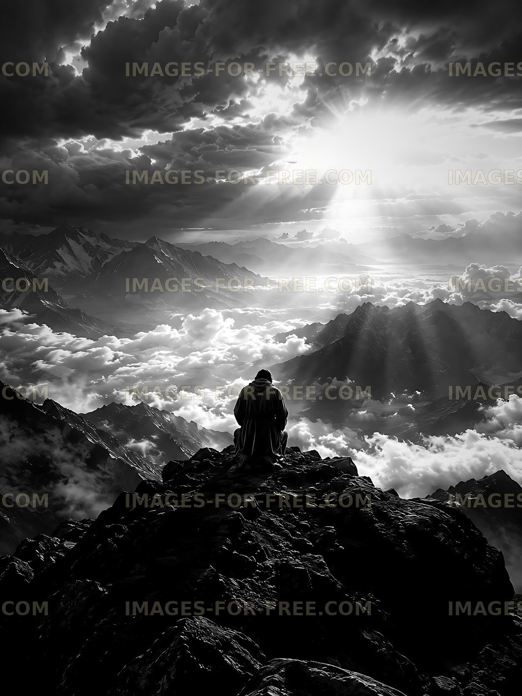 Man sitting on mountain peak overlooking clouds and valleys