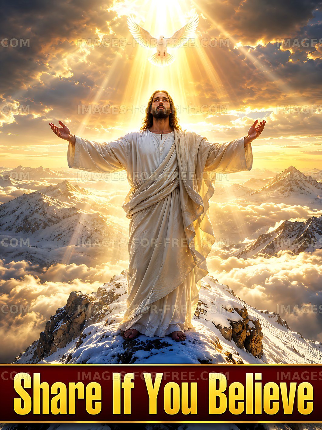 Jesus standing on a mountain with a dove and light above