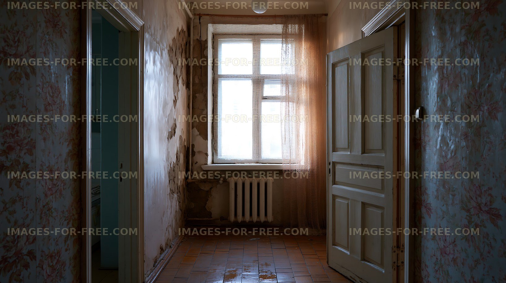 Abandoned room with peeling walls and window light