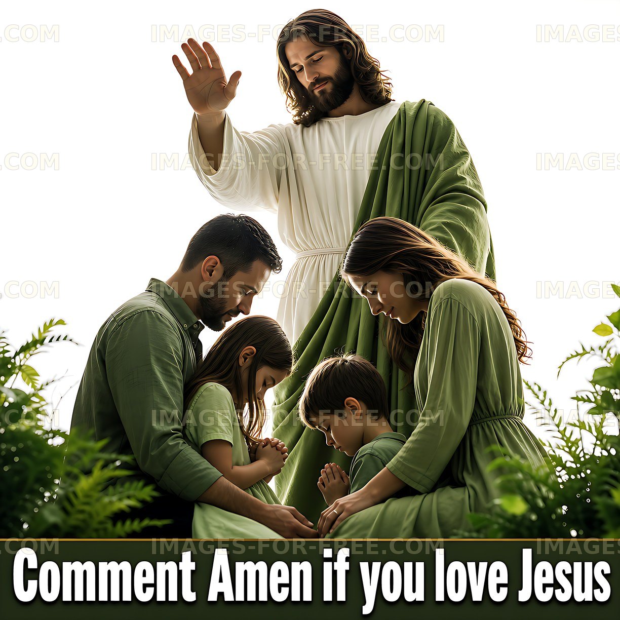 Family praying with Jesus in nature setting