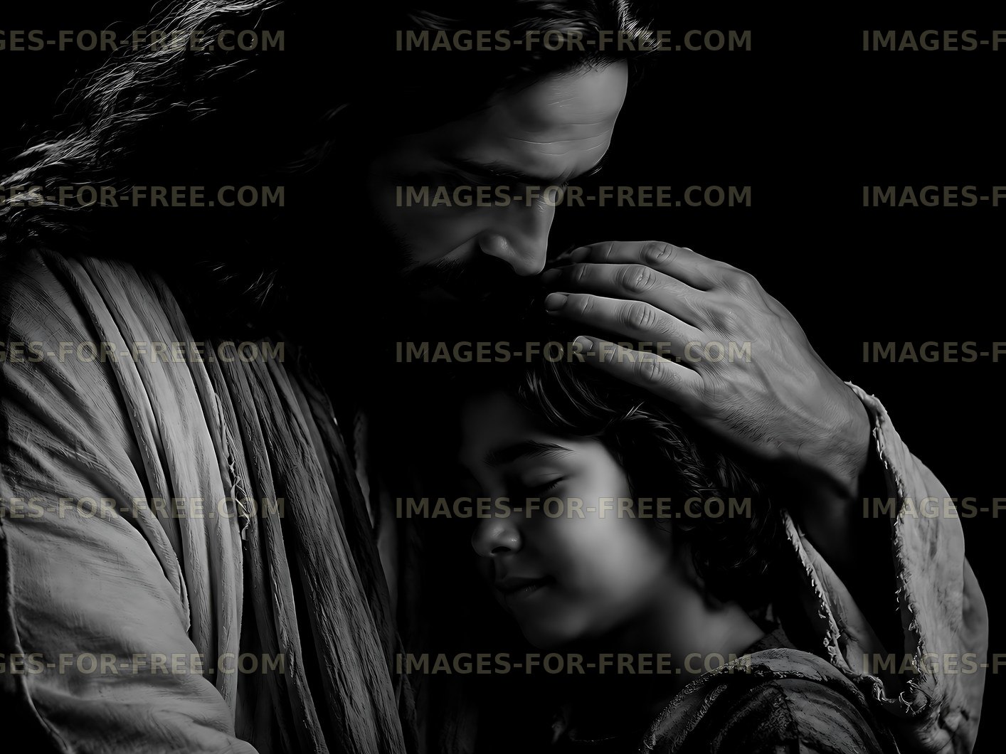 Embrace between a figure and a child in soft light