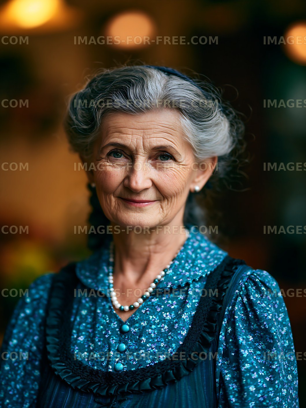Portrait of an elderly woman with gray hair and a blue dress