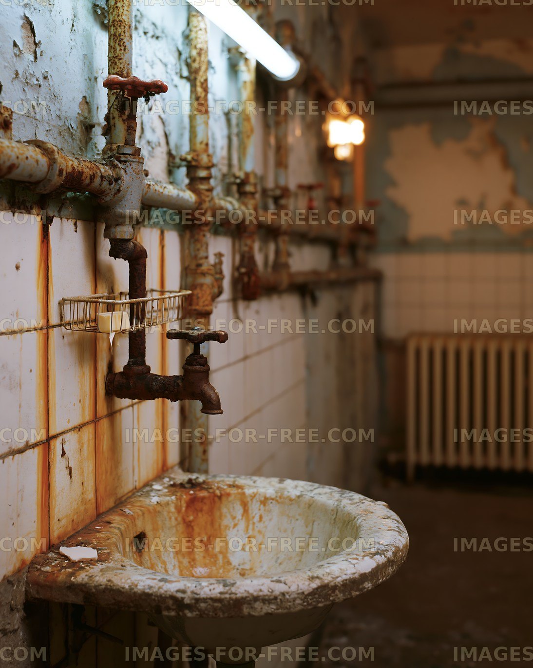 Rusty sink in an old industrial bathroom space