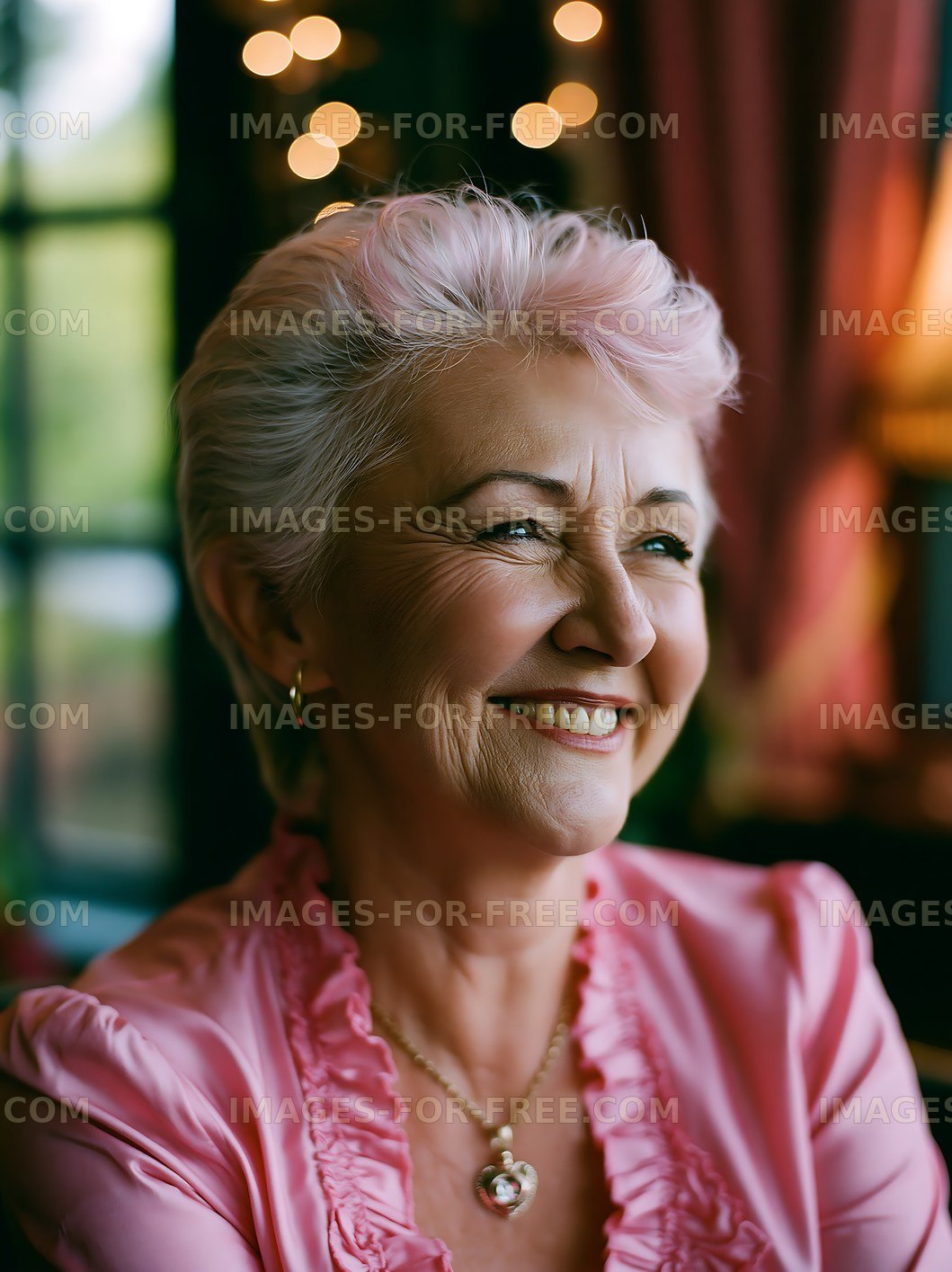 Smiling older woman with short hair in a cozy indoor setting