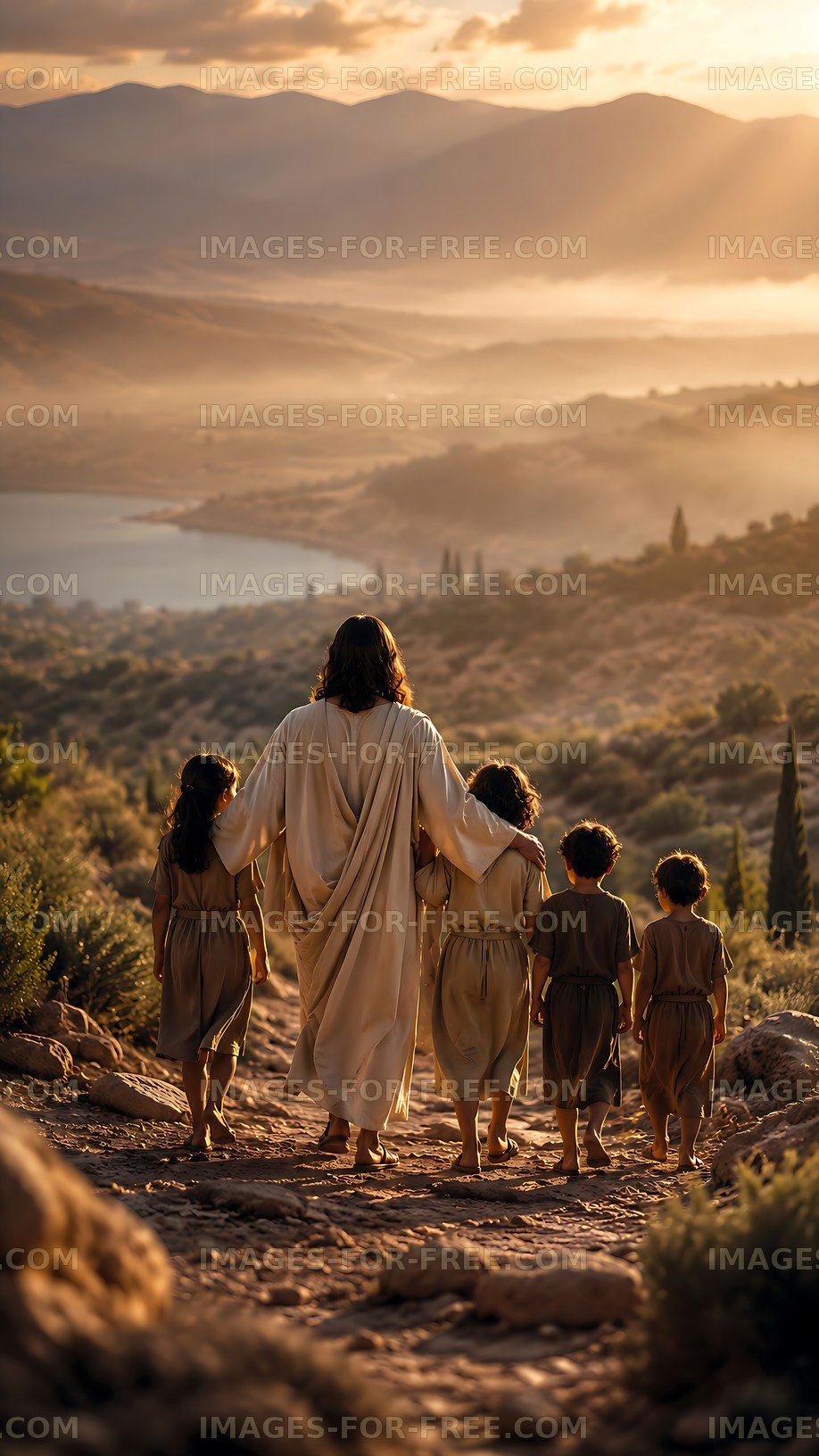 Jesus walking with children on a path during sunset