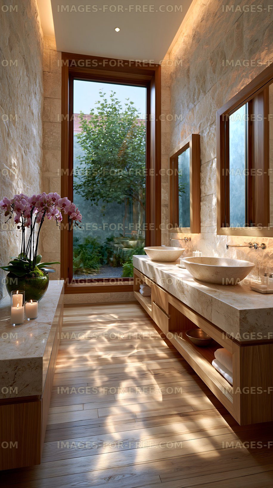 Modern bathroom with natural light and greenery view