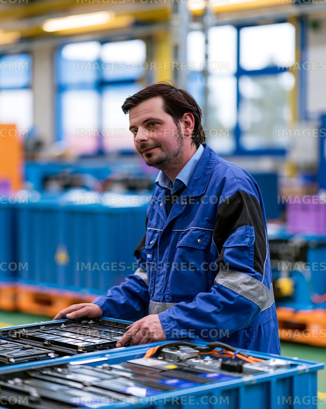 Worker assembling battery packs in a manufacturing facility