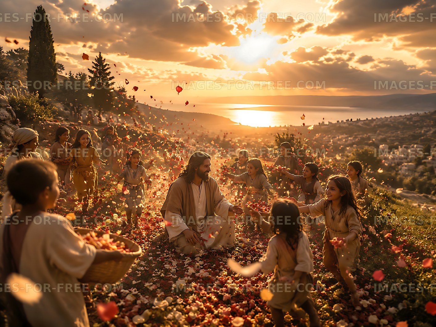 Children playing with Jesus during sunset in a flower field