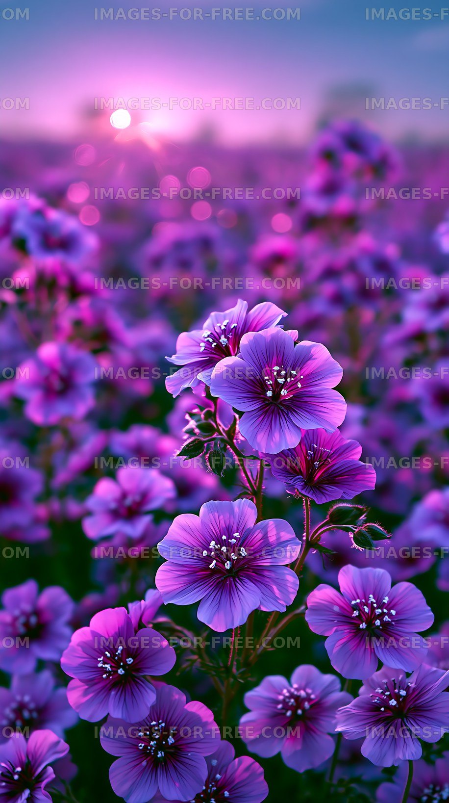 Vibrant purple flowers blooming at sunset in a meadow