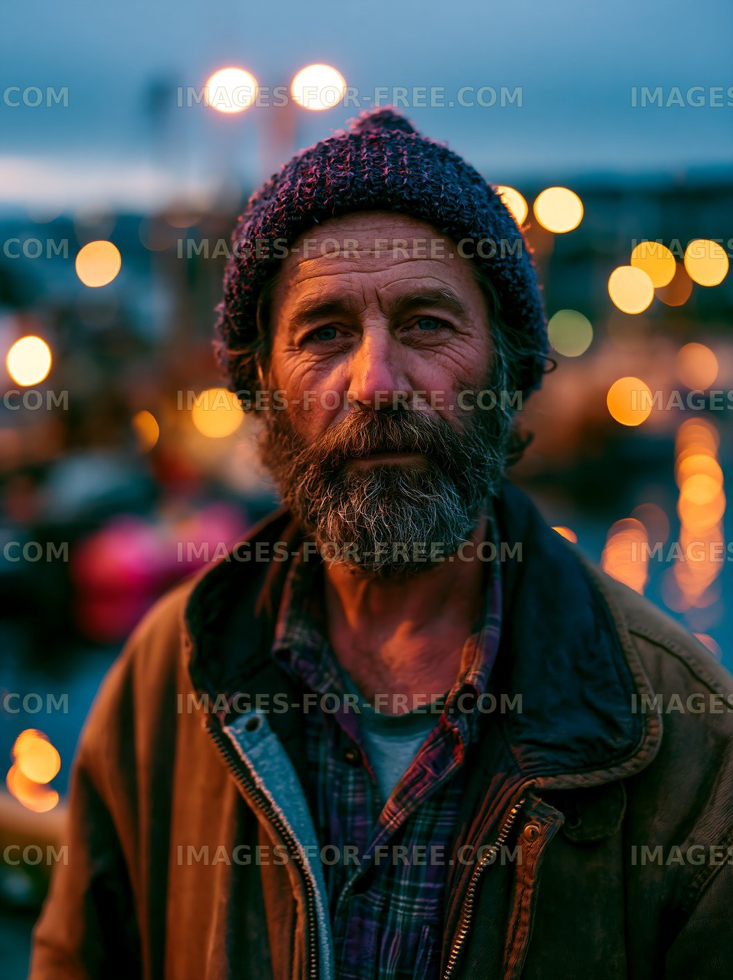 Portrait of a man in a cozy hat near a waterway at dusk