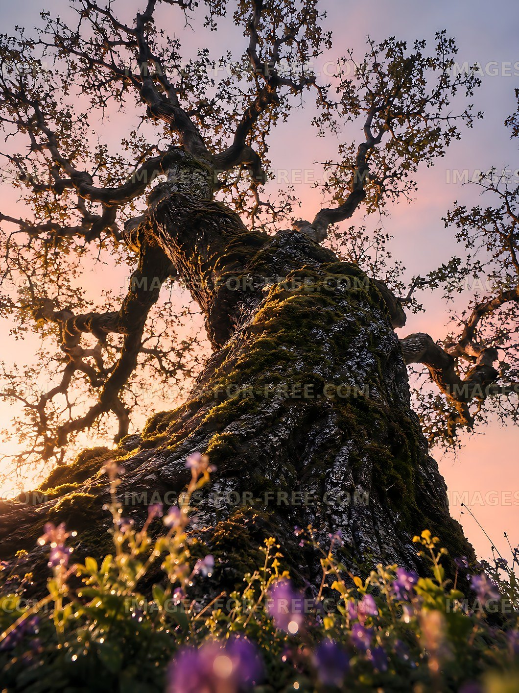 Old tree with flowers at sunset