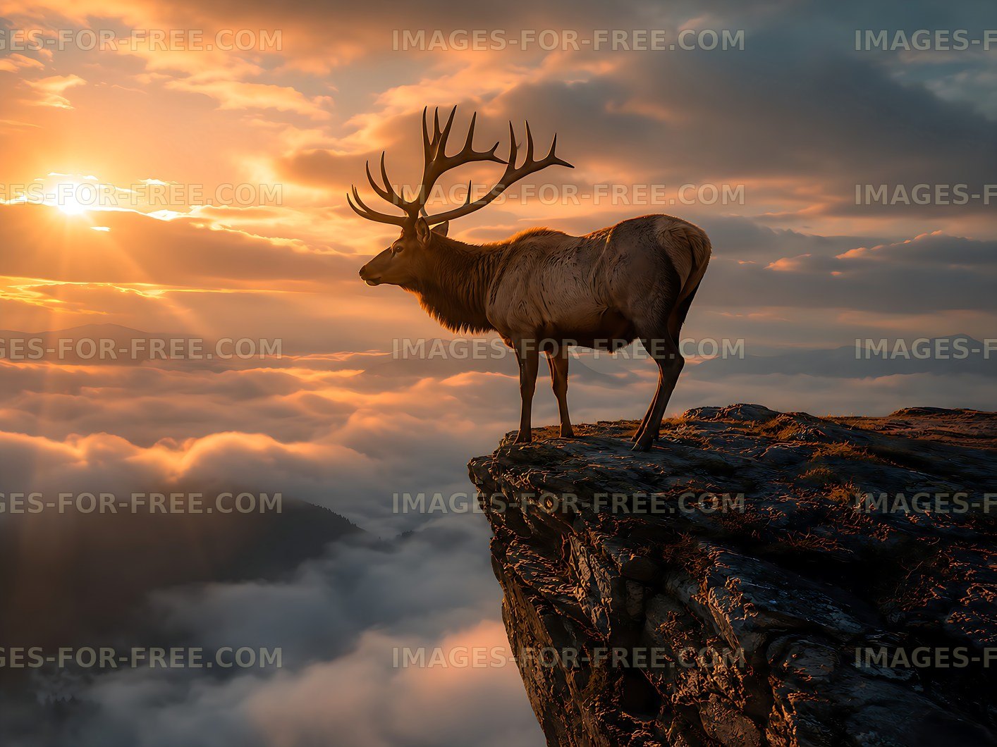 Stag on cliff at sunrise surrounded by clouds
