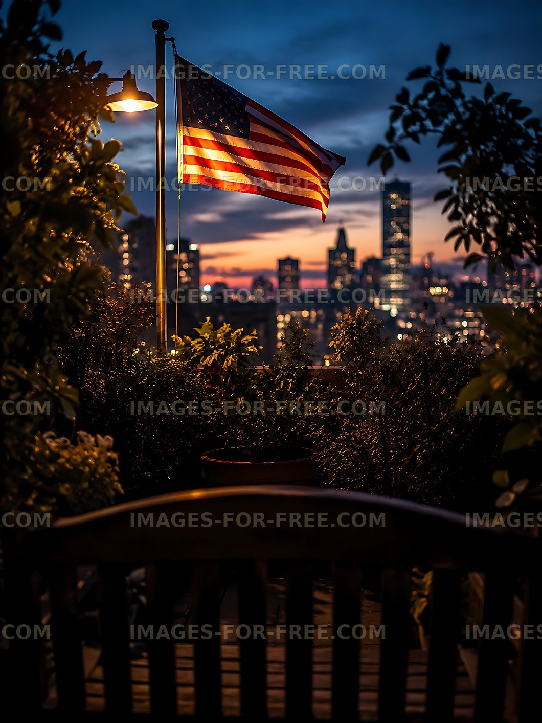 City skyline view with US flag at sunset