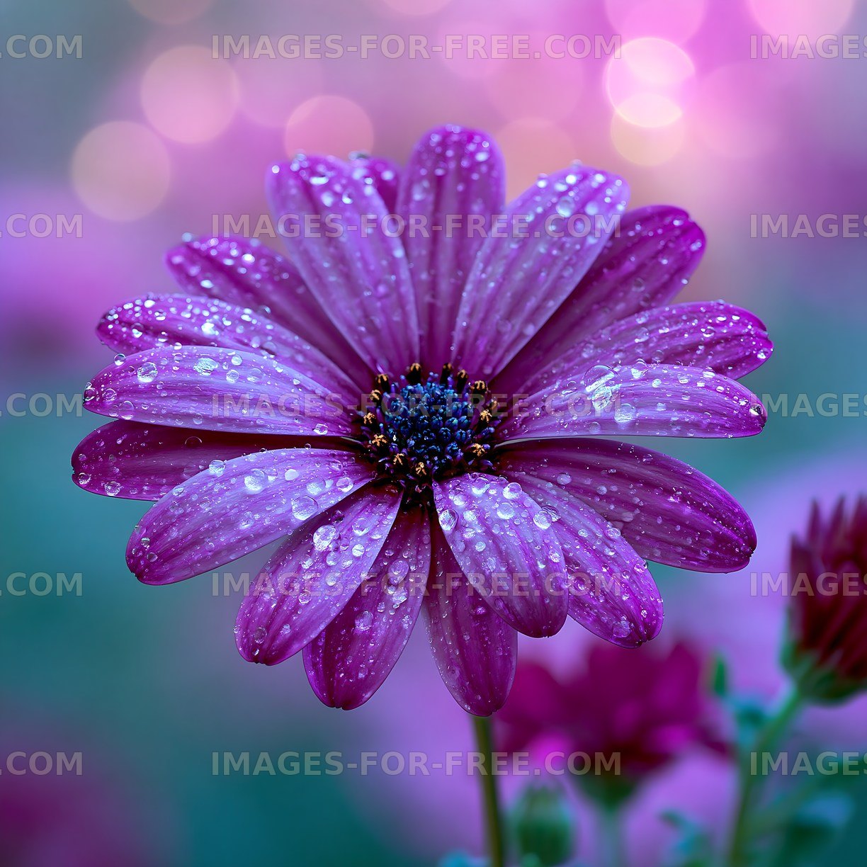 Purple flower with water droplets against a soft background