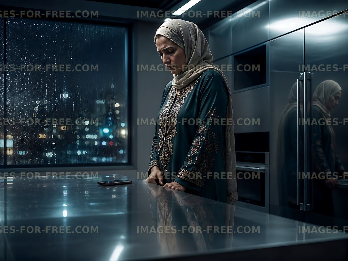 Woman in traditional dress stands in modern kitchen at night