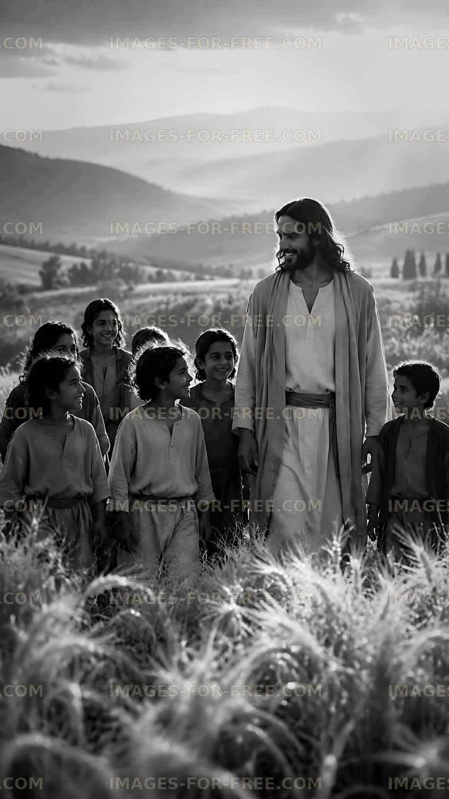 Jesus walks among children in a field