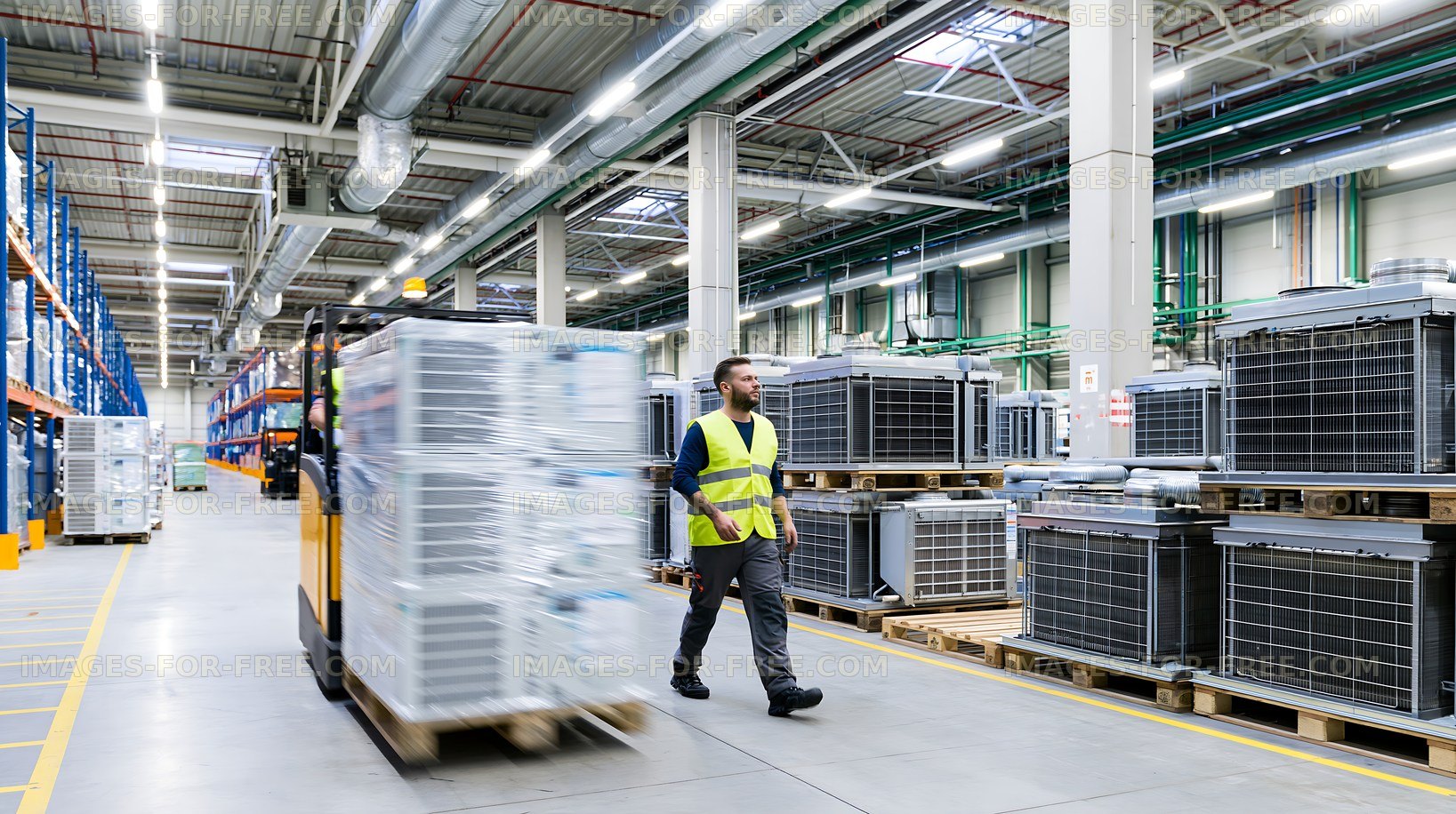 Warehouse worker transporting equipment on a pallet truck