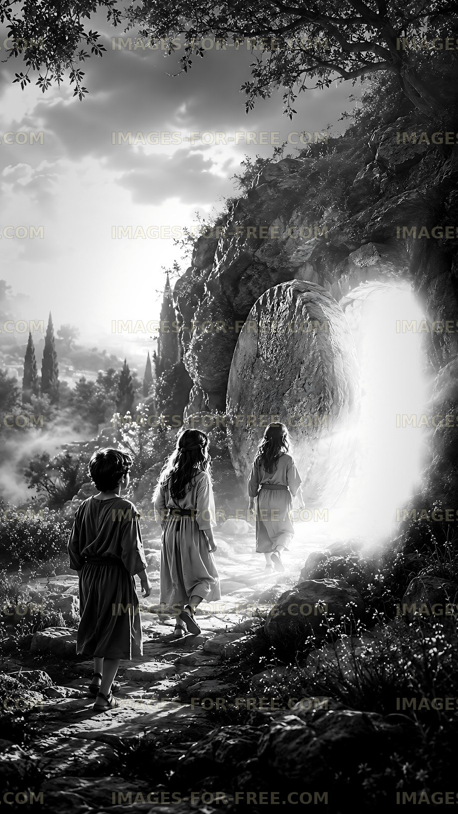 Children walking towards a glowing entrance on a rocky path