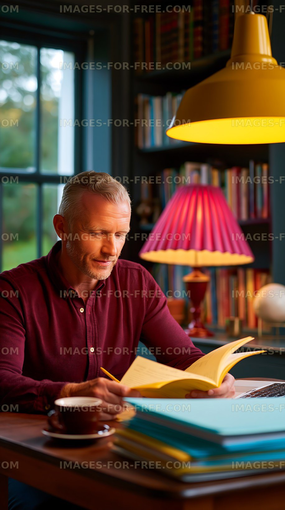 Man reading yellow book at home with warm lights