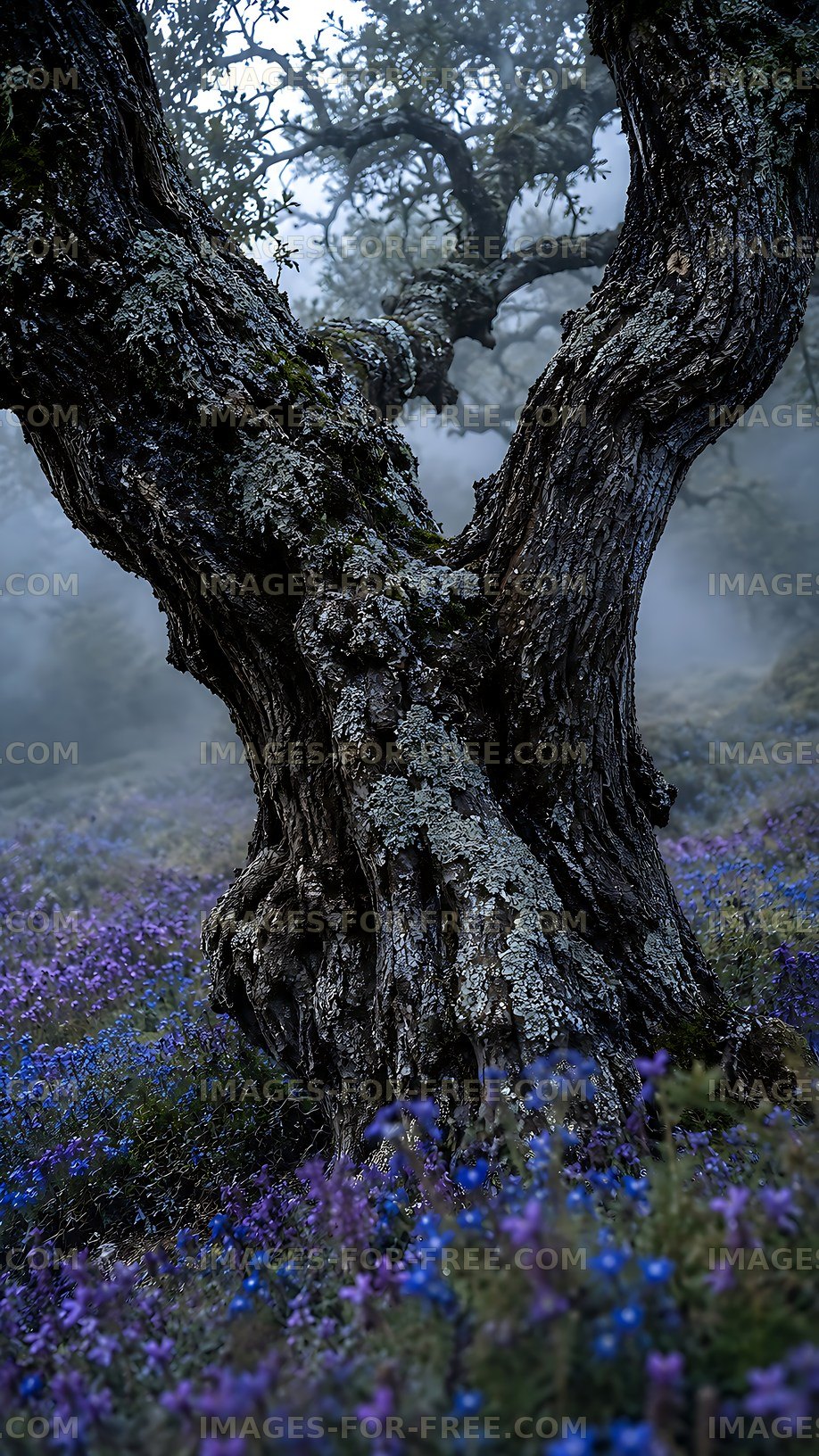 Old tree with twisted trunk in foggy forest