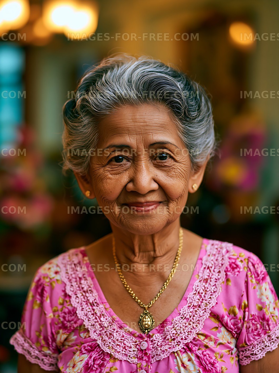 Elderly woman with gray hair wearing a pink blouse