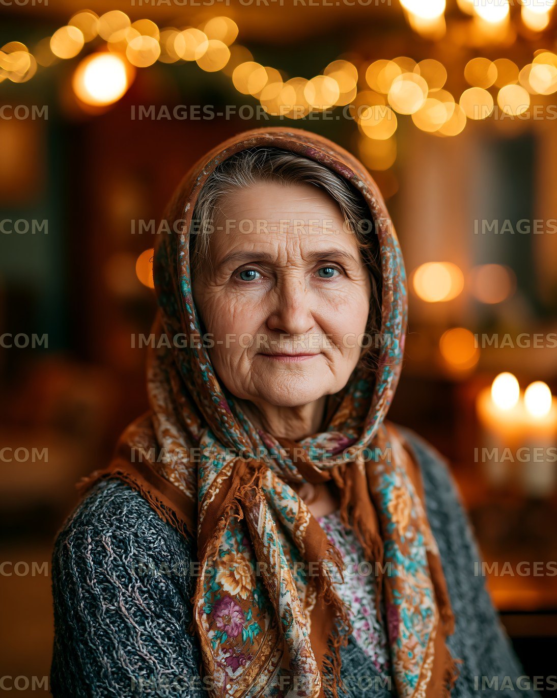 Elderly woman with a headscarf in a cozy indoor setting