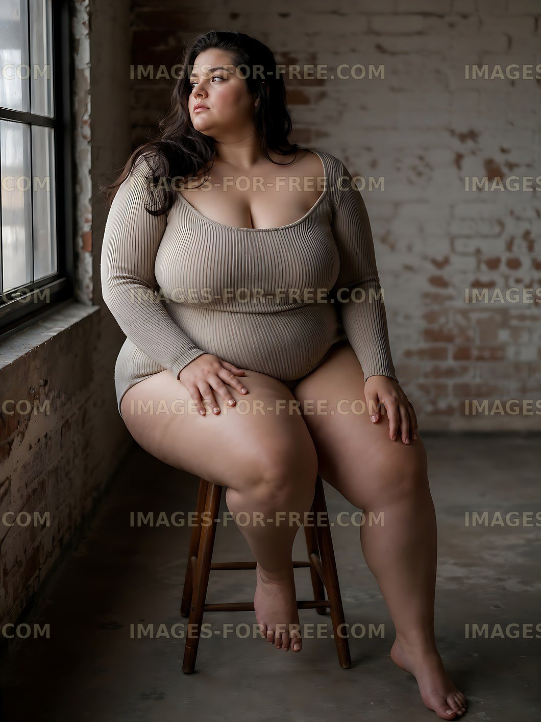 Model sitting on a stool by a window in a studio