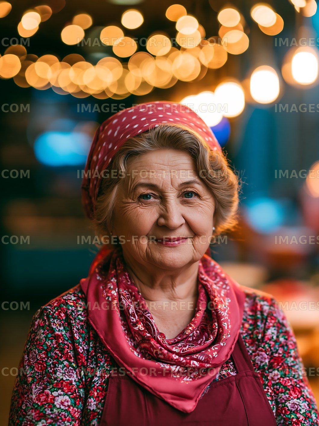 Elderly woman smiling with a scarf in a warm, lit space