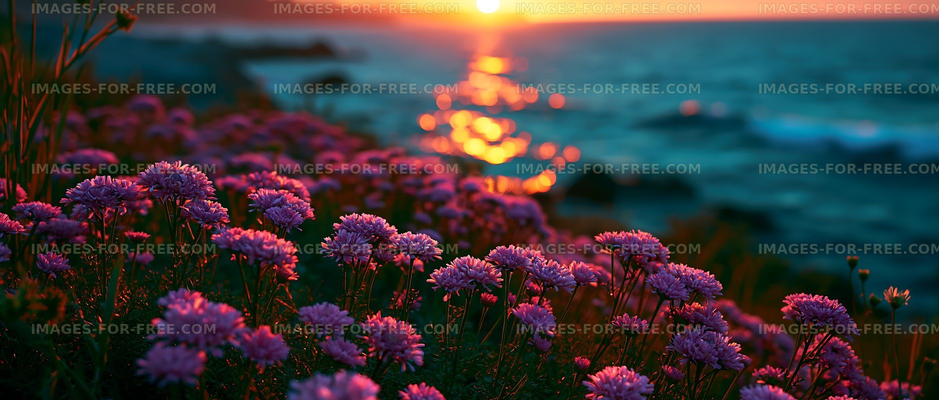 Flowers bloom near ocean at sunset