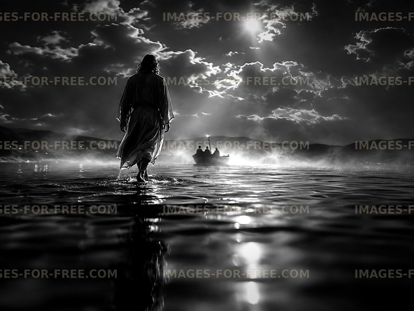 Person walking on water under a cloudy sky