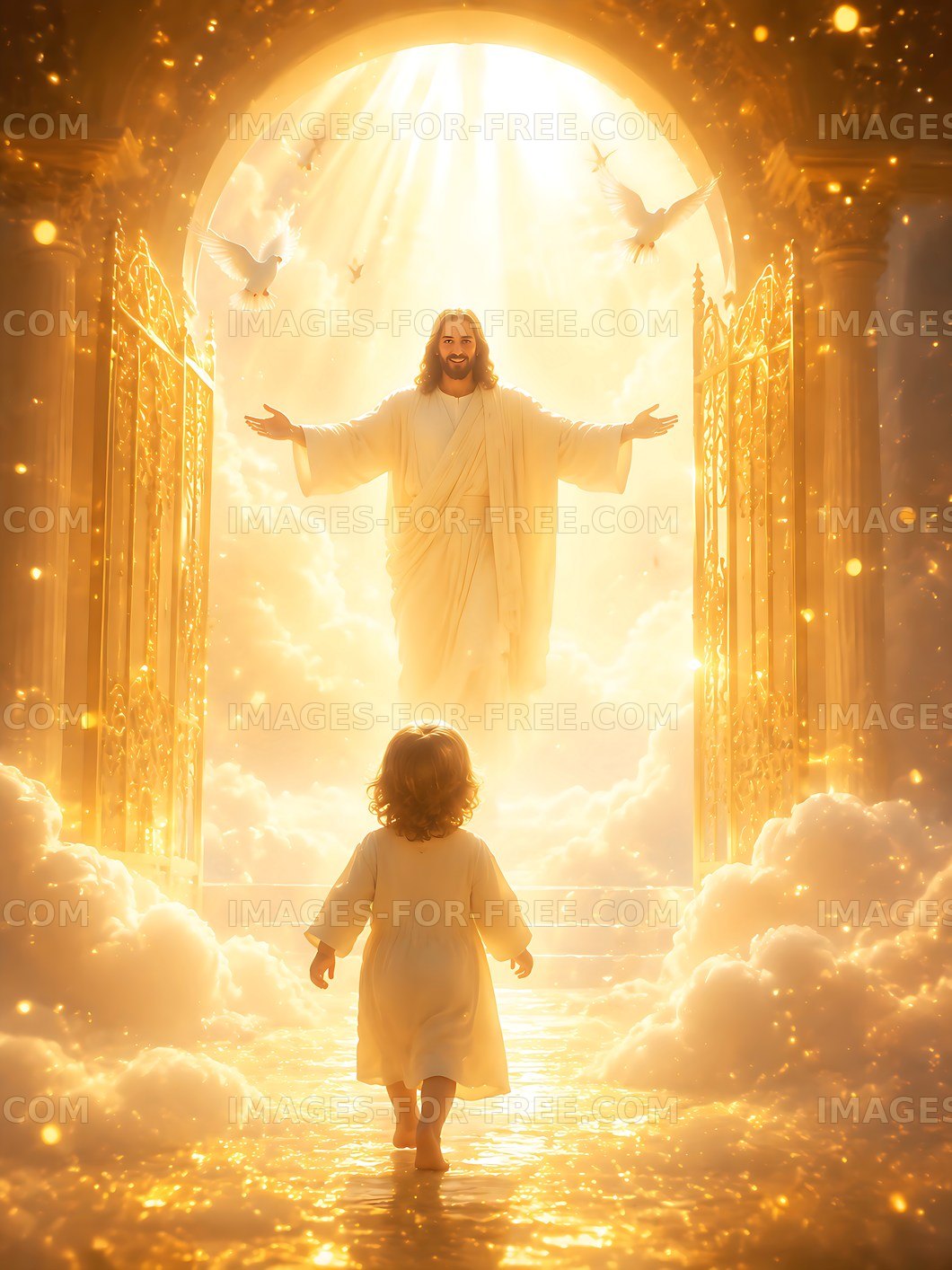 Child approaches a figure in a bright heavenly scene