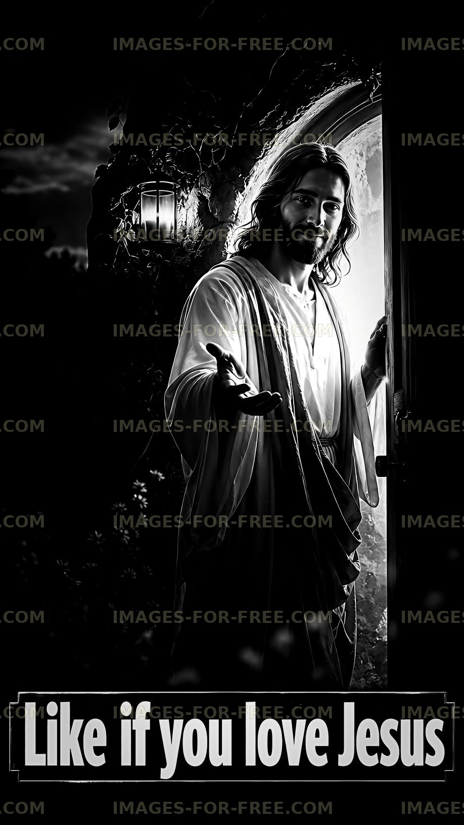Jesus standing at a doorway inviting viewers with an open hand