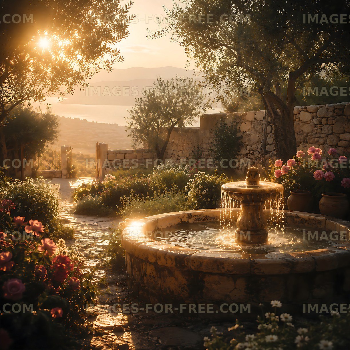 Fountain surrounded by flowers at sunset