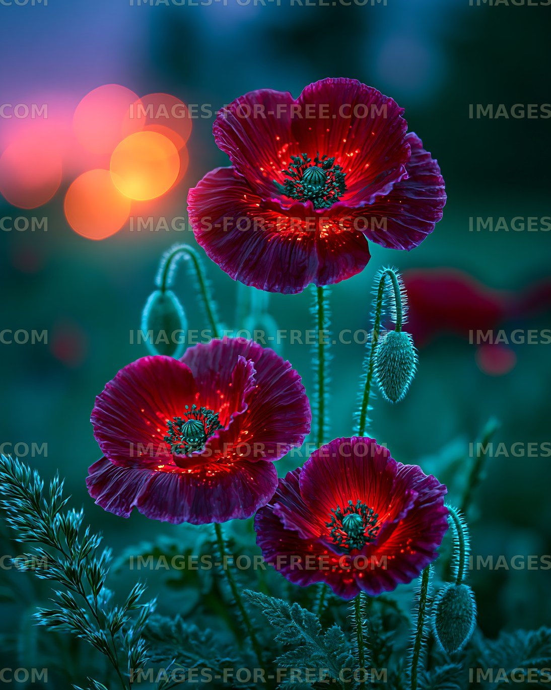 Vibrant red poppies blooming in soft evening light