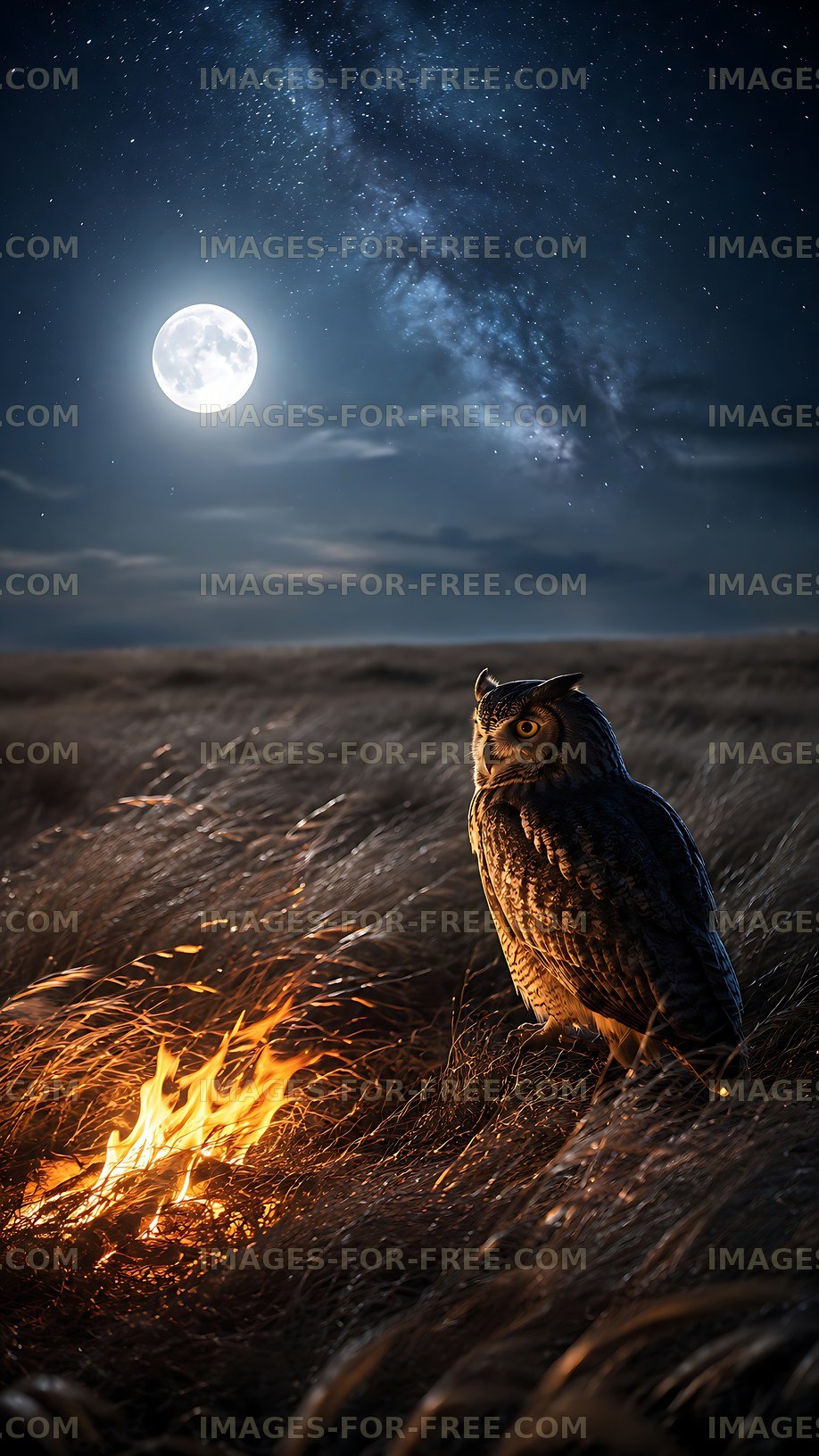Owl perched near fire under the full moon at night