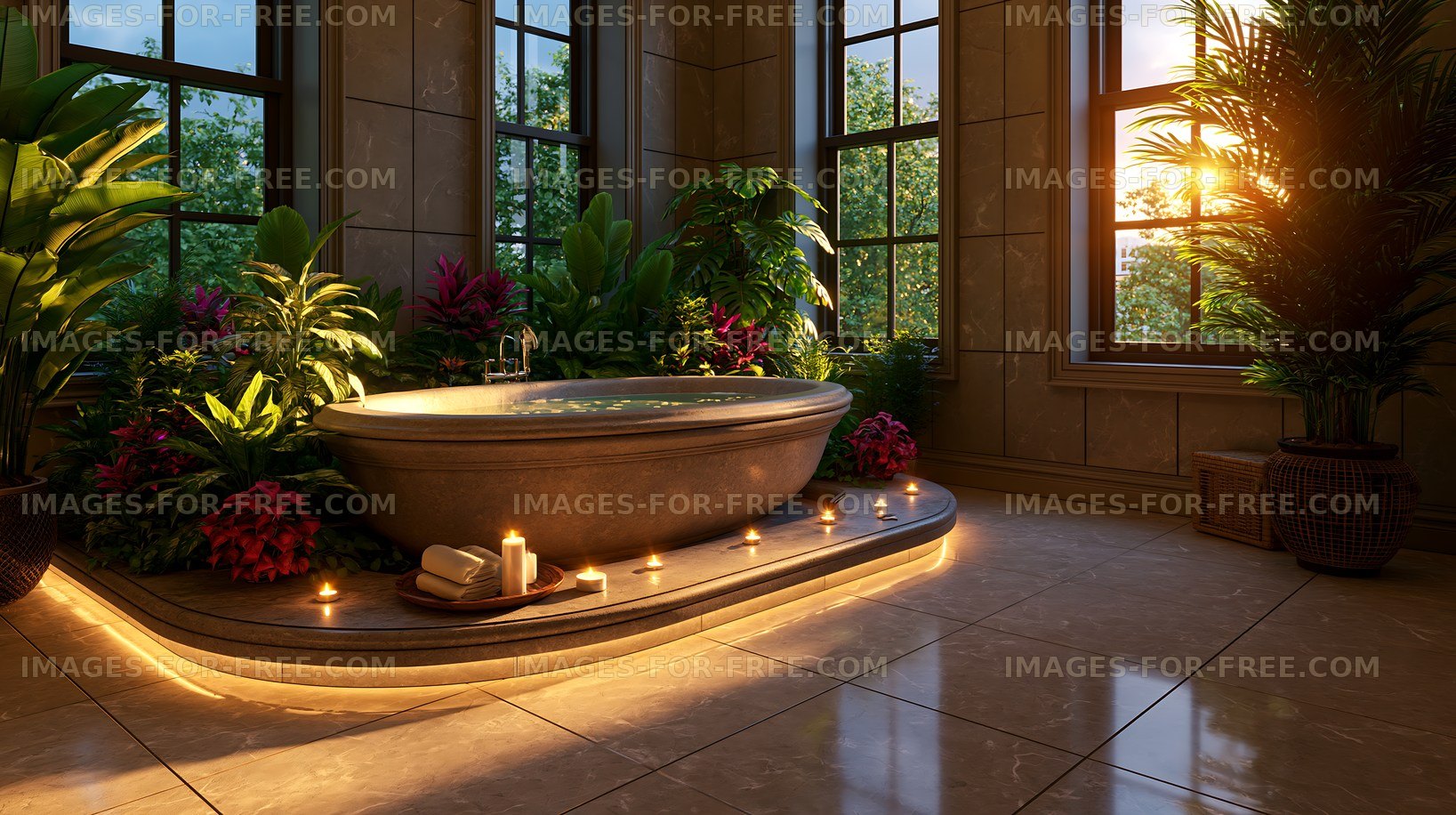 Relaxing spa bath surrounded by greenery and natural light