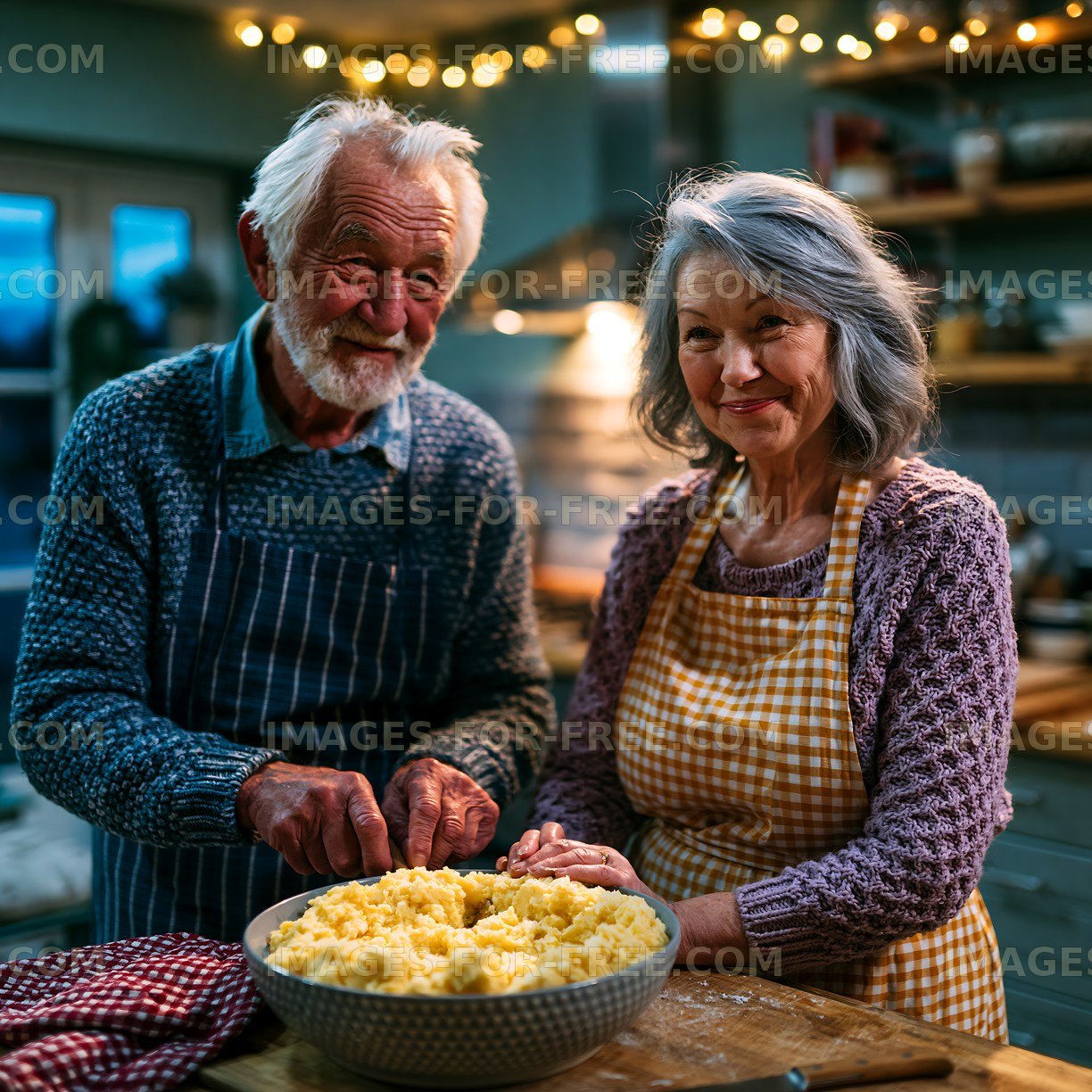 Elderly couple preparing mashed potatoes in a cozy kitchen