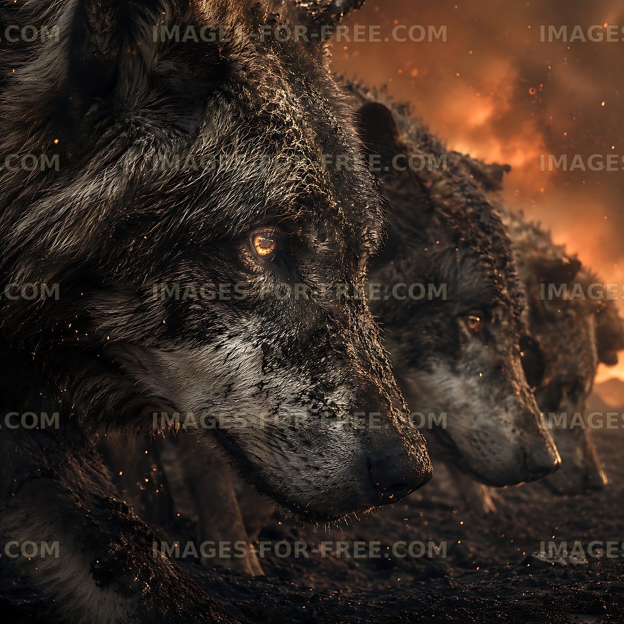 Wolves in shadow with fiery background at dusk