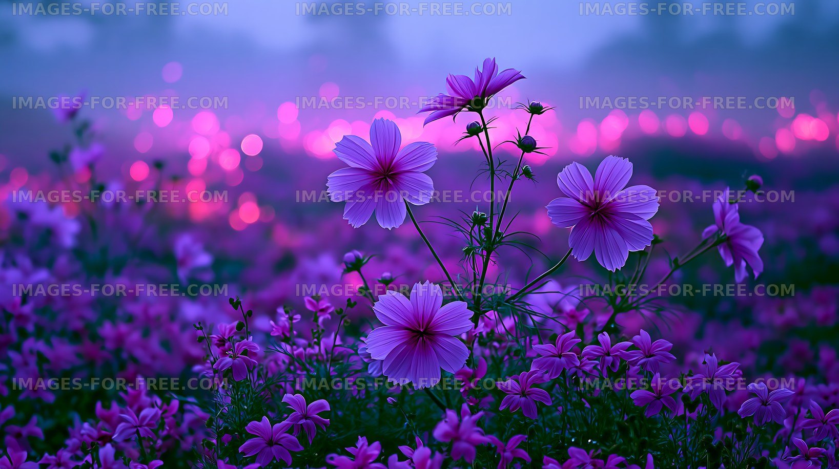 Vivid pink flowers blooming in a field at dusk