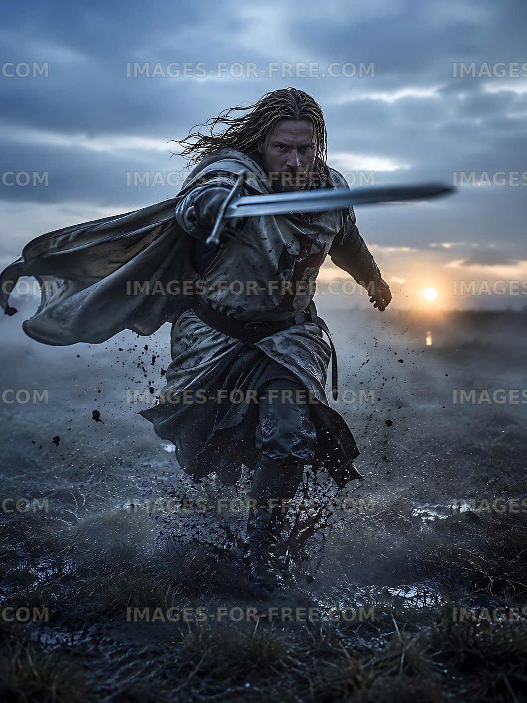 Warrior charging with sword at sunset