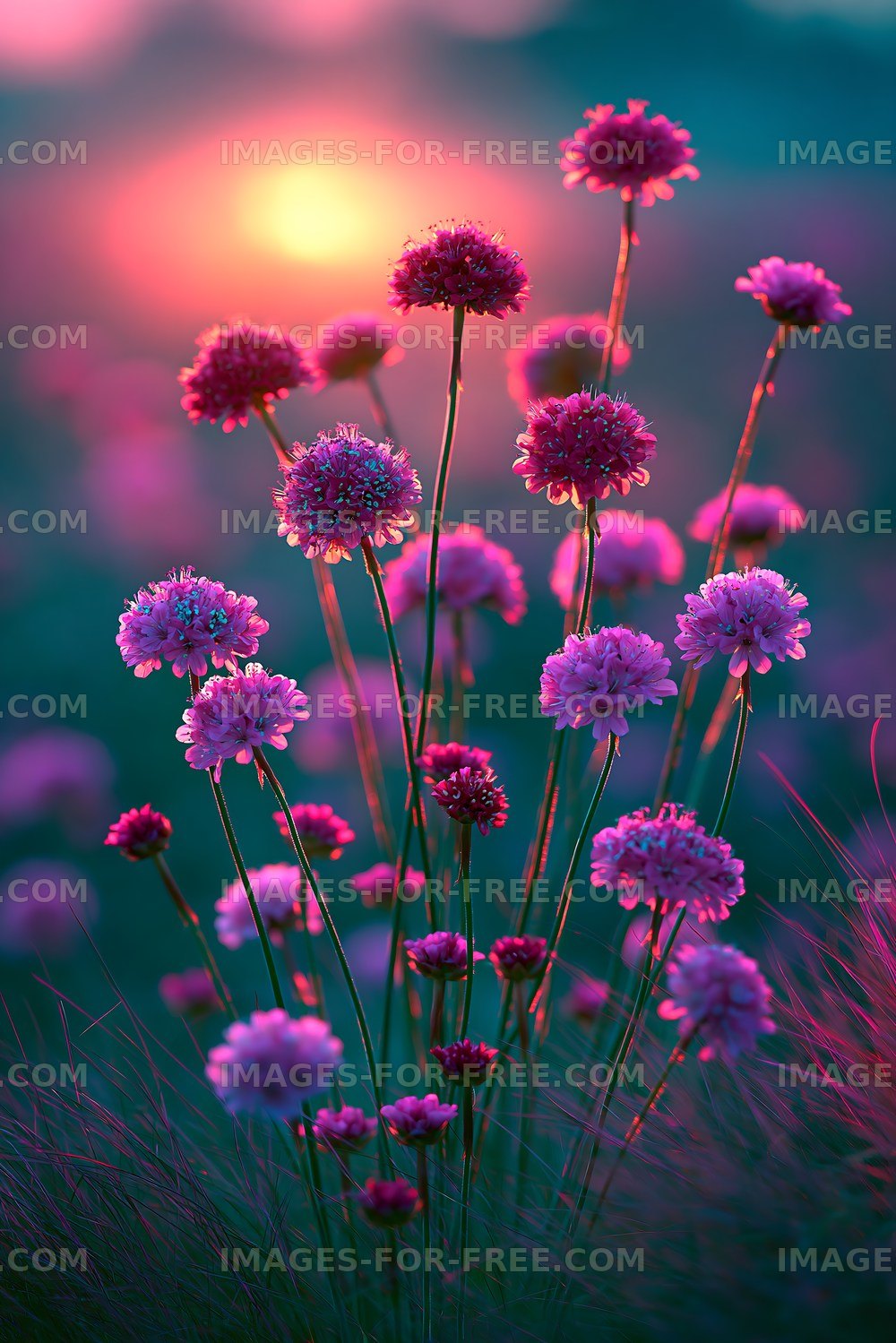 Colorful flowers blooming at sunset in a meadow