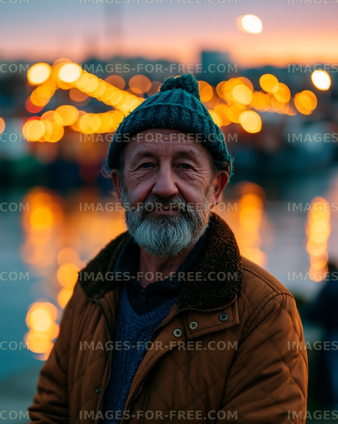 Elderly man standing by water at sunset with festive lights
