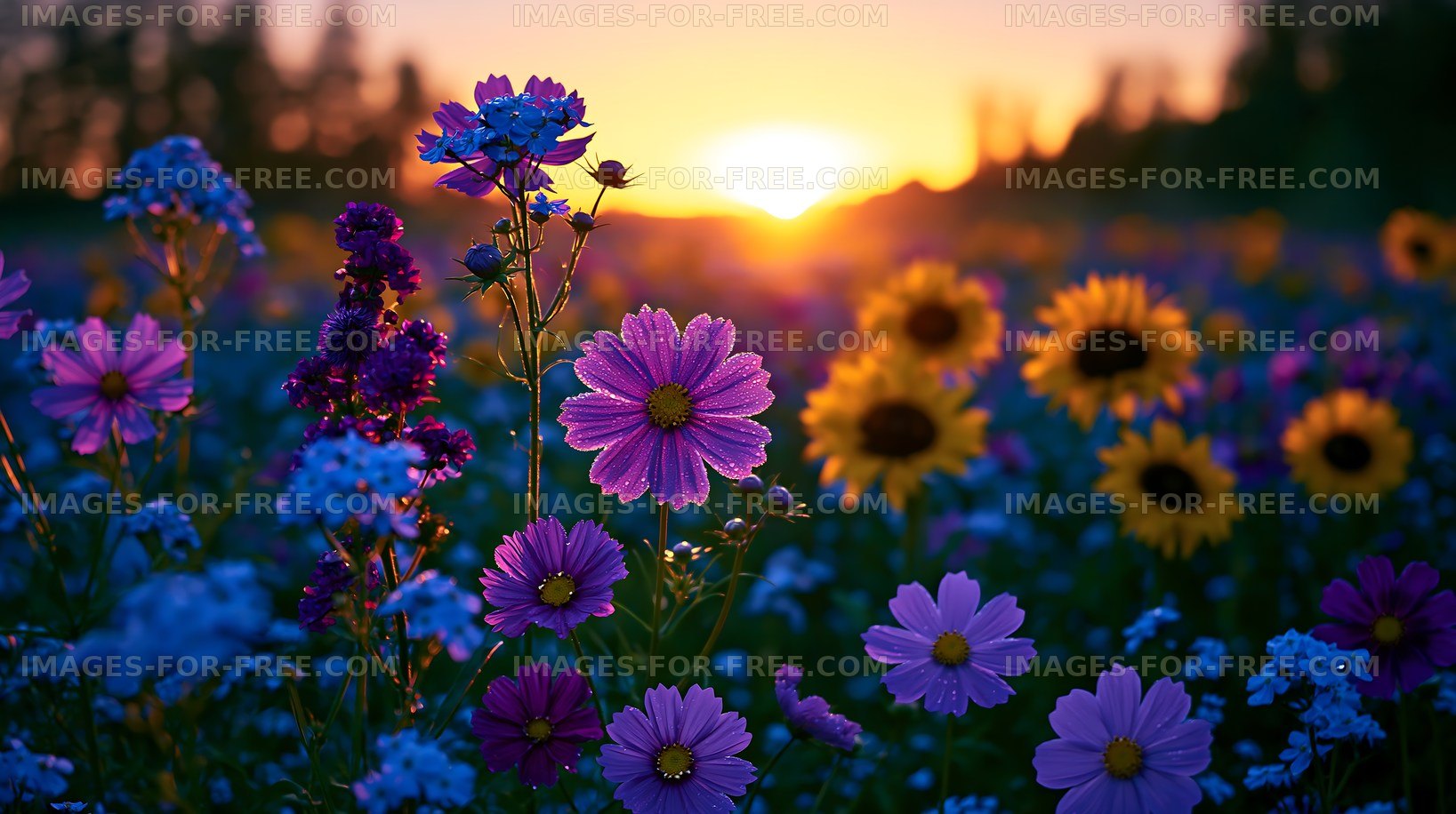 Colorful wildflowers bloom at sunset in a tranquil field